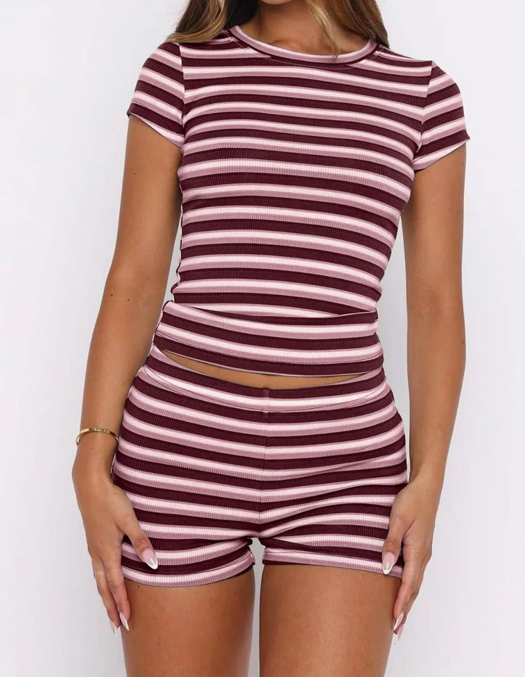 Women's Summer Olive Striped Slim Fit Two-Piece Set