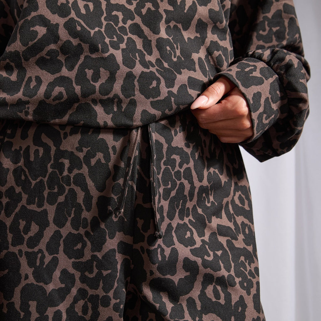 Leopard Print Bubble Hem Hoodie Loungewear Set - Natural