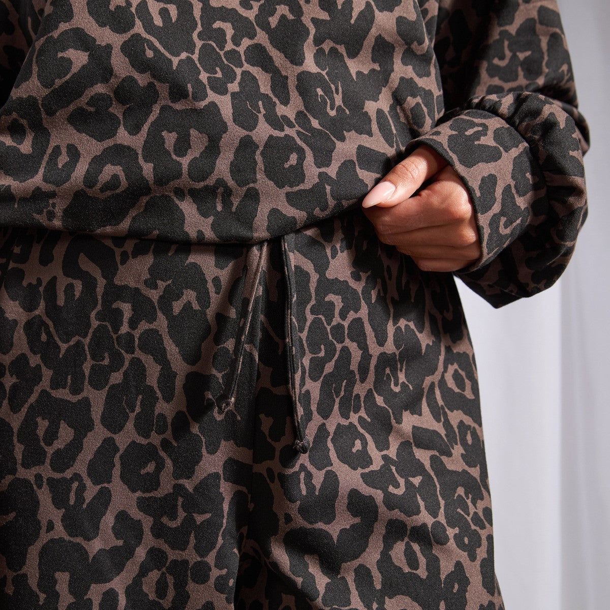 Leopard Print Bubble Hem Hoodie Loungewear Set - Natural