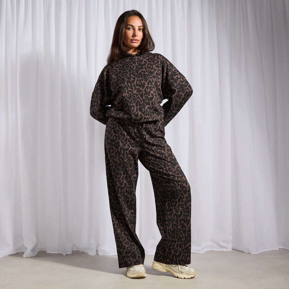 Leopard Print Bubble Hem Hoodie Loungewear Set - Natural