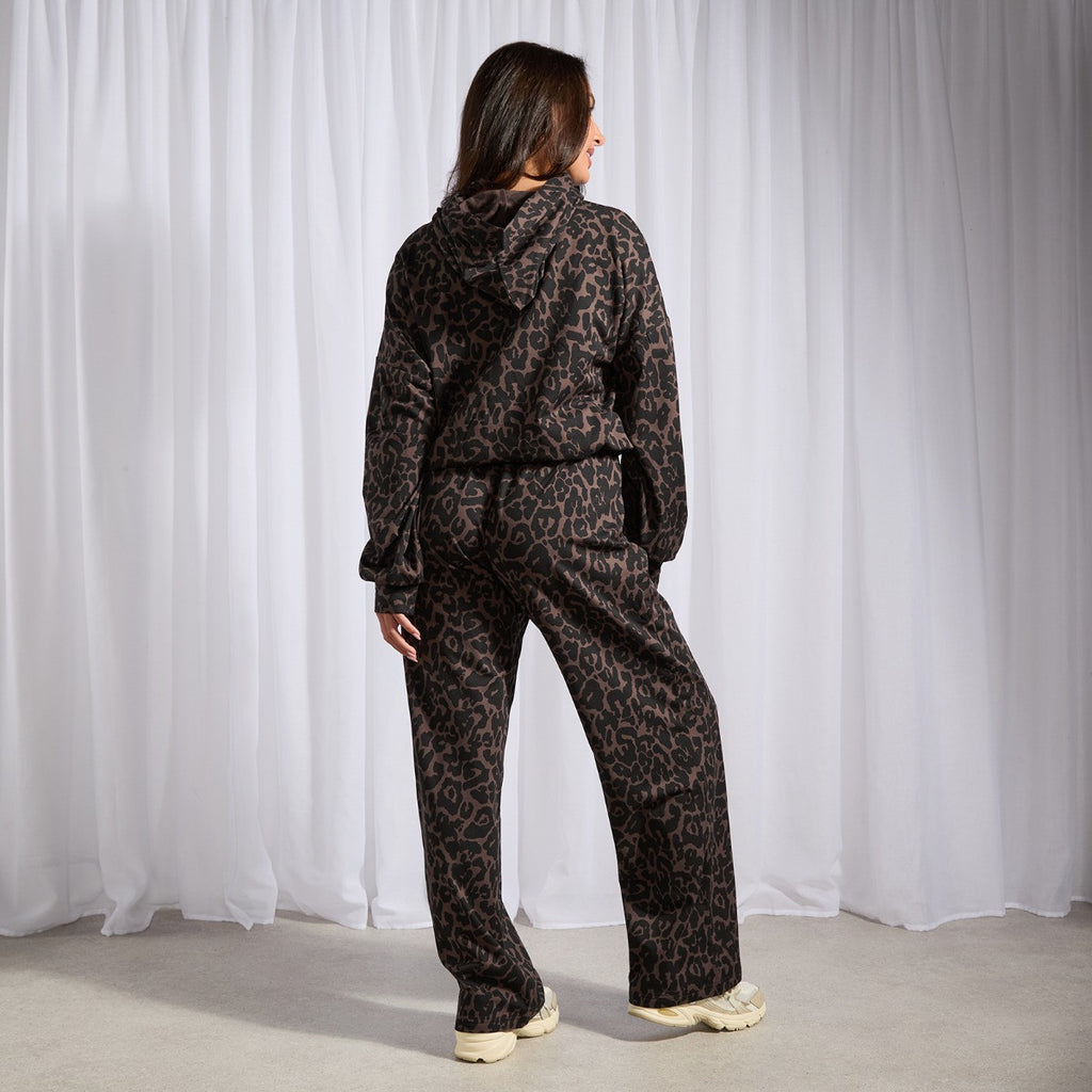 Leopard Print Bubble Hem Hoodie Loungewear Set - Natural