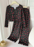 Tween Girls Cherry Pattern V-Neck Long Sleeve Top & Pants Pajama Set