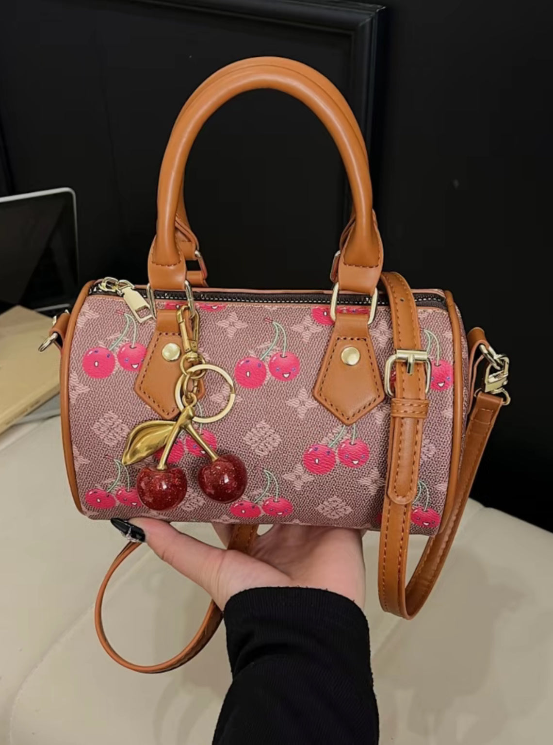 New Fashion Cherry Print Handbag, Casual Versatile Daily High-Value Shoulder Boston Bag