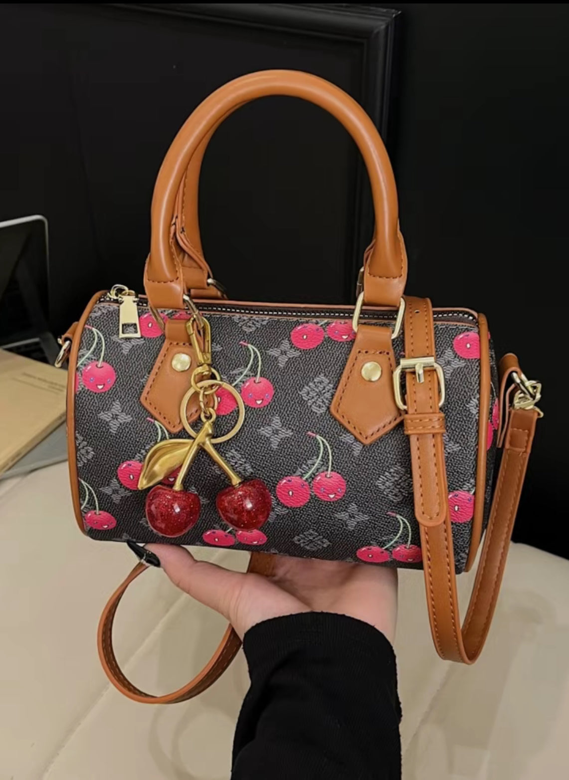 New Fashion Cherry Print Handbag, Casual Versatile Daily High-Value Shoulder Boston Bag