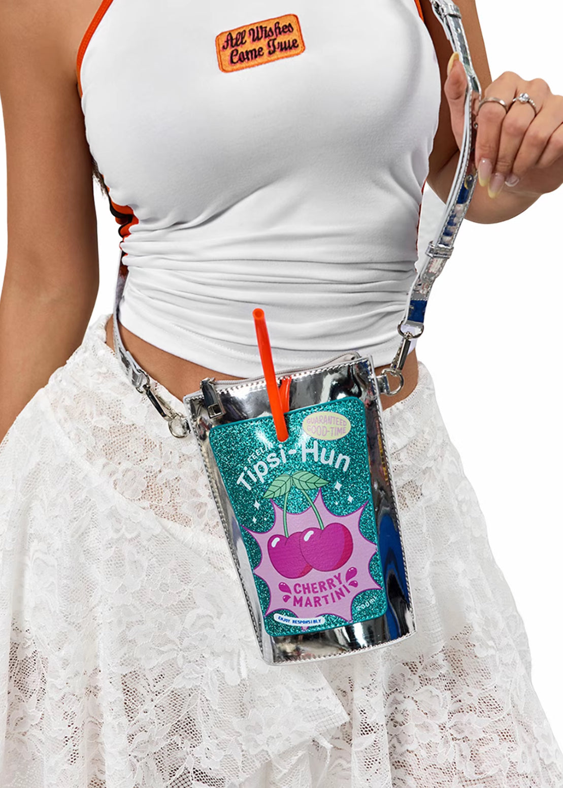 Cute Silver Color Straw Drink Shape Women's Crossbody Bag, Unique Cartoon Design Shoulde