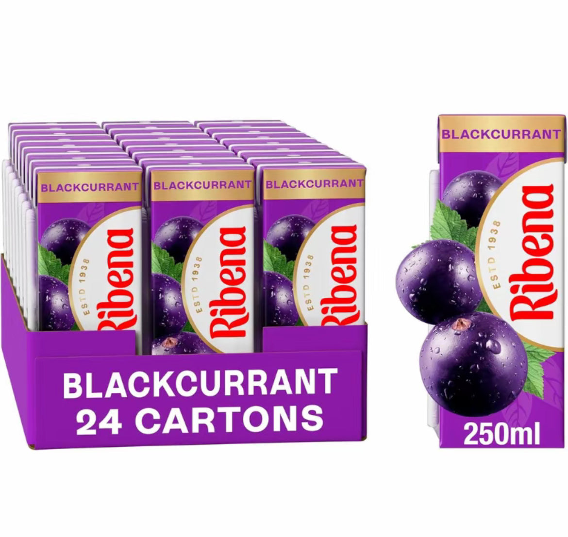 Ribena-Fruit Juice Drink 24 Pack (24 x 250ml Cartons)- Blackcurrant, Strawberry I Real Fruit 
