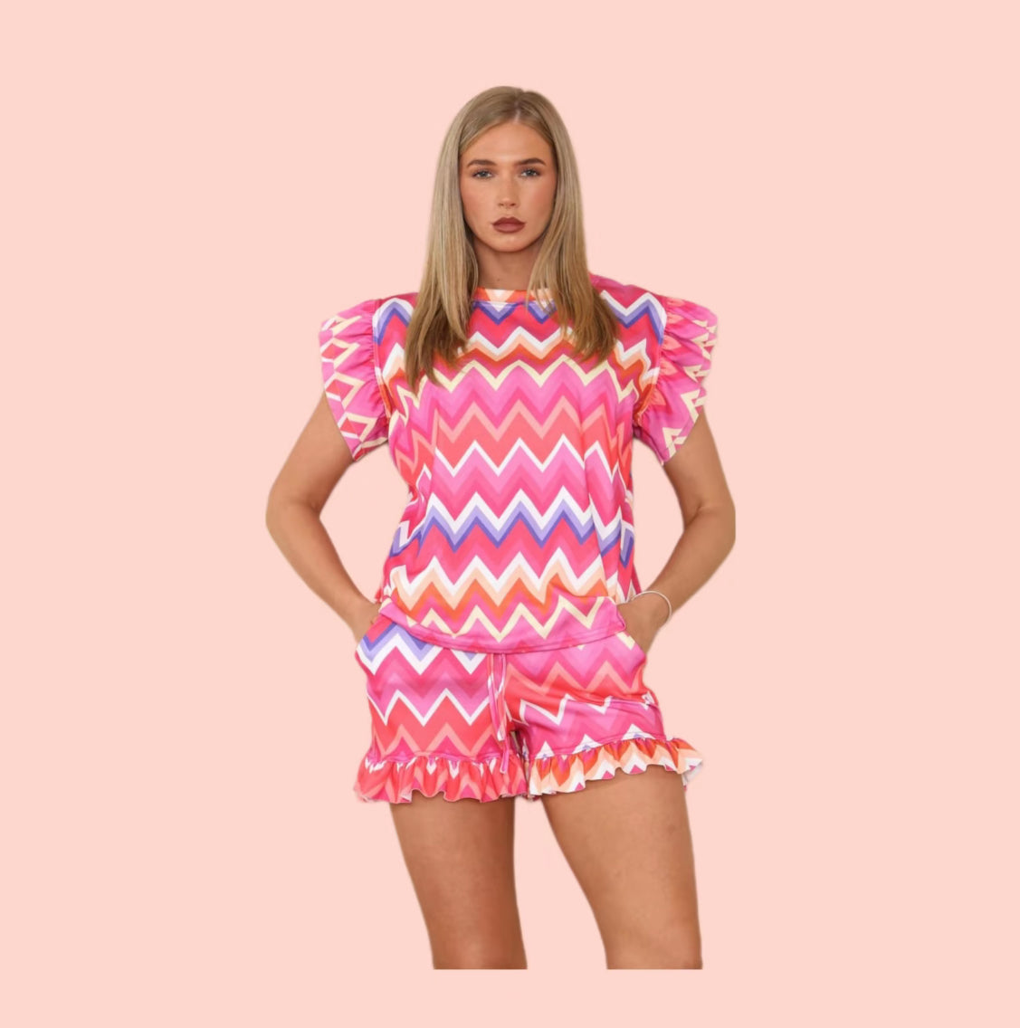 Women's Multicolour Frill Short Set