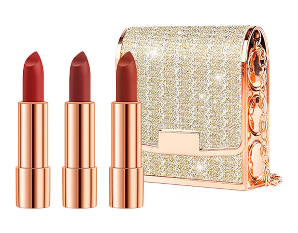 Matte Lipstick Set 3 Colors Lip Stick with Chain Bag