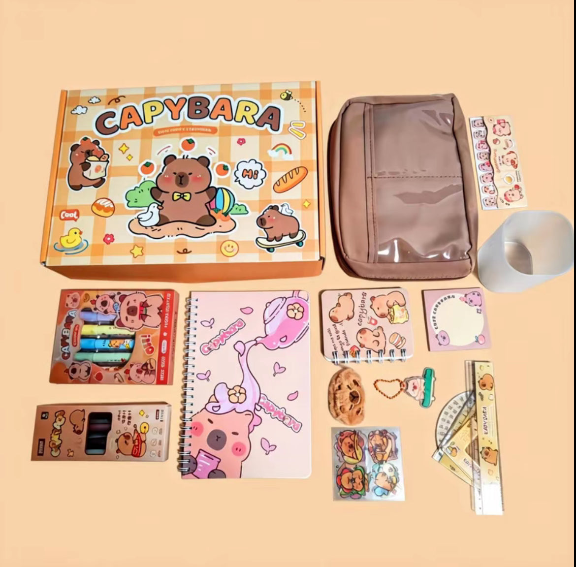 Cute Cartoon Capybara Design Stationery Set, 1 Set Including Pencil Case & Stationery,