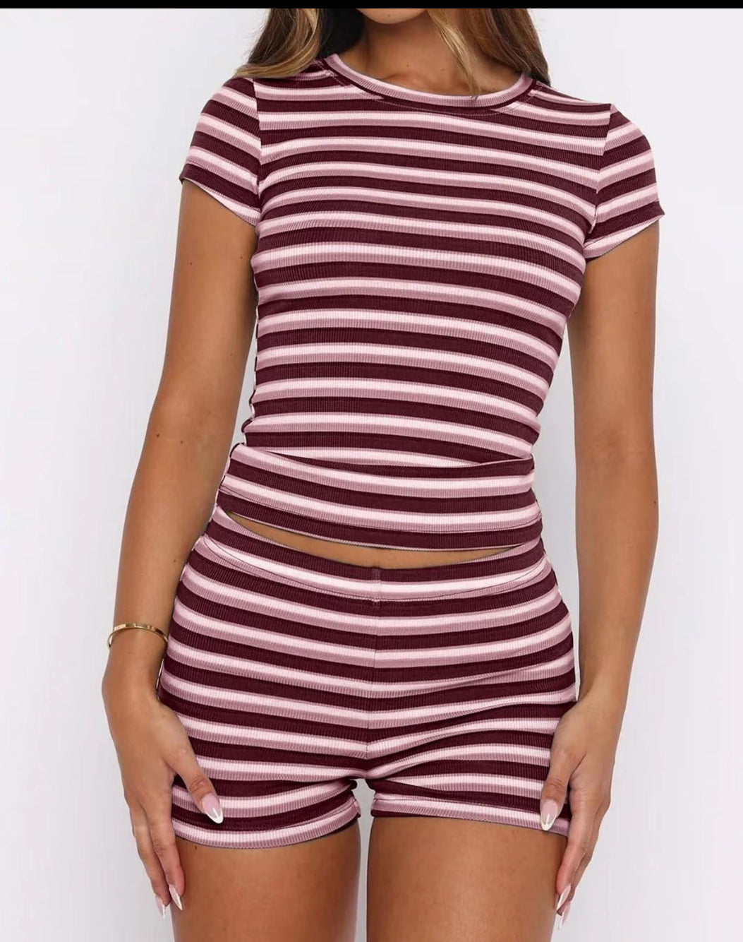 Women's Summer Olive Striped Slim Fit Two-Piece Set