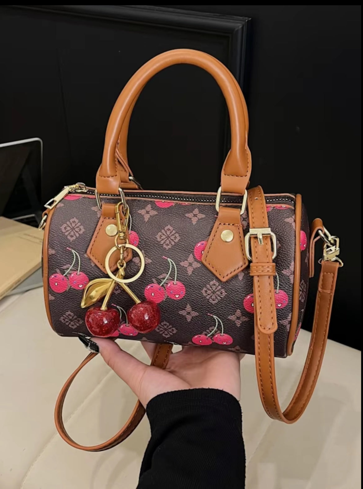 New Fashion Cherry Print Handbag, Casual Versatile Daily High-Value Shoulder Boston Bag