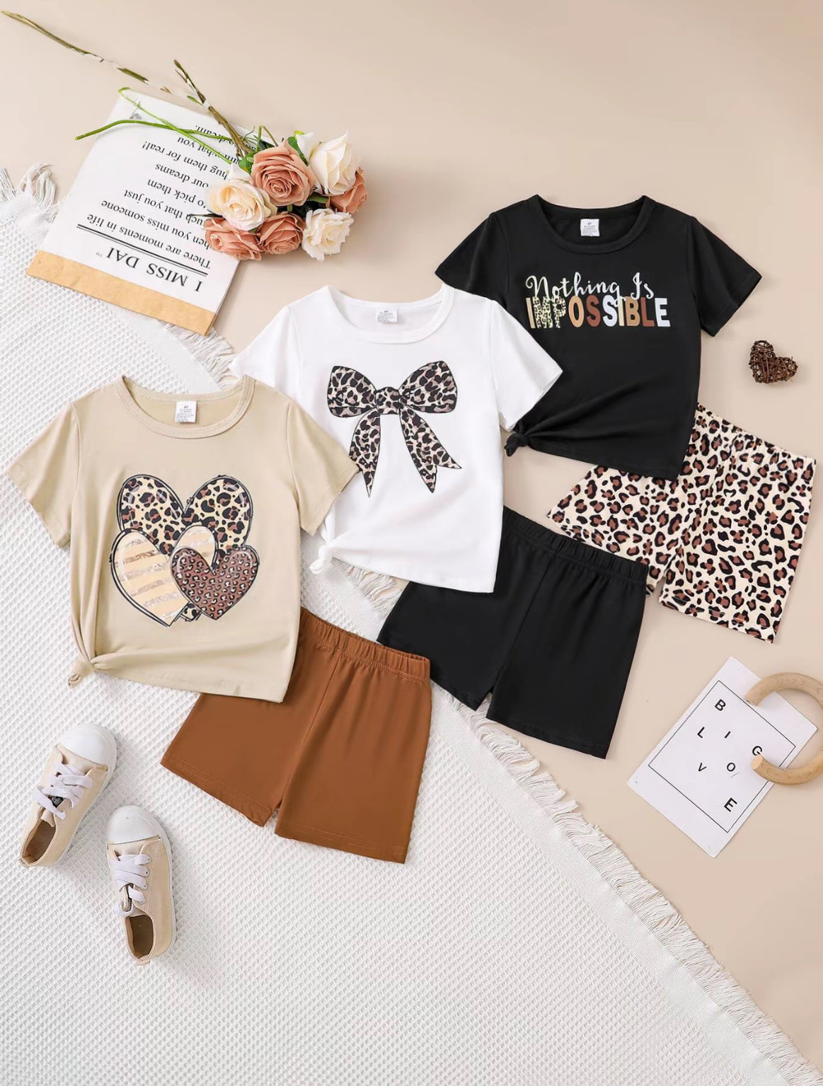 Girl's Leopard Print Tee & Elastic Waist Shorts Set