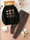 Tween Girls Vintage Heart Print Sweatshirt and Leopard Pants Set