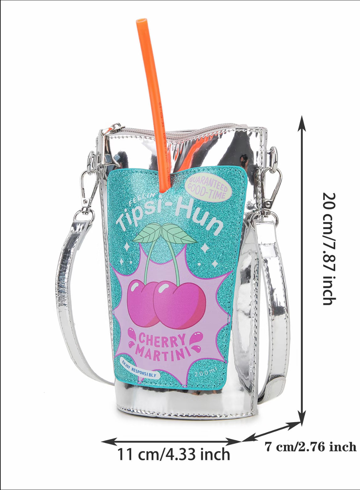 Cute Silver Color Straw Drink Shape Women's Crossbody Bag, Unique Cartoon Design Shoulde