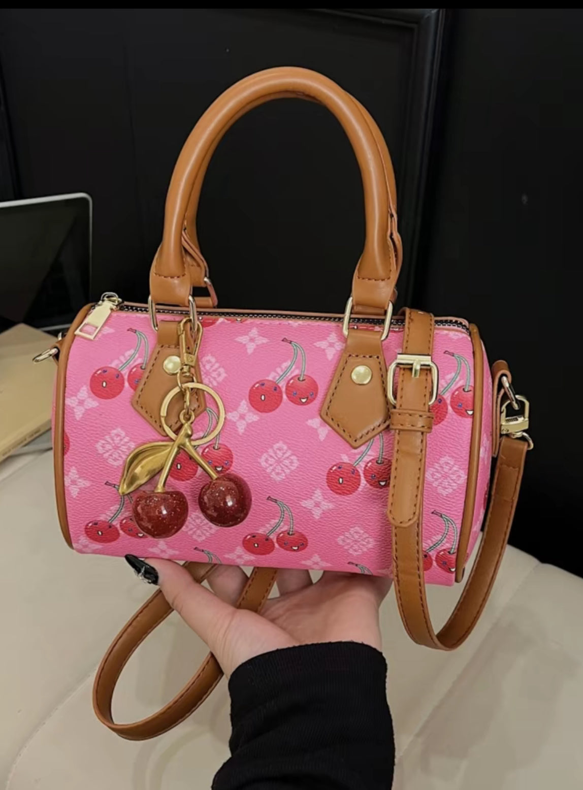 New Fashion Cherry Print Handbag, Casual Versatile Daily High-Value Shoulder Boston Bag
