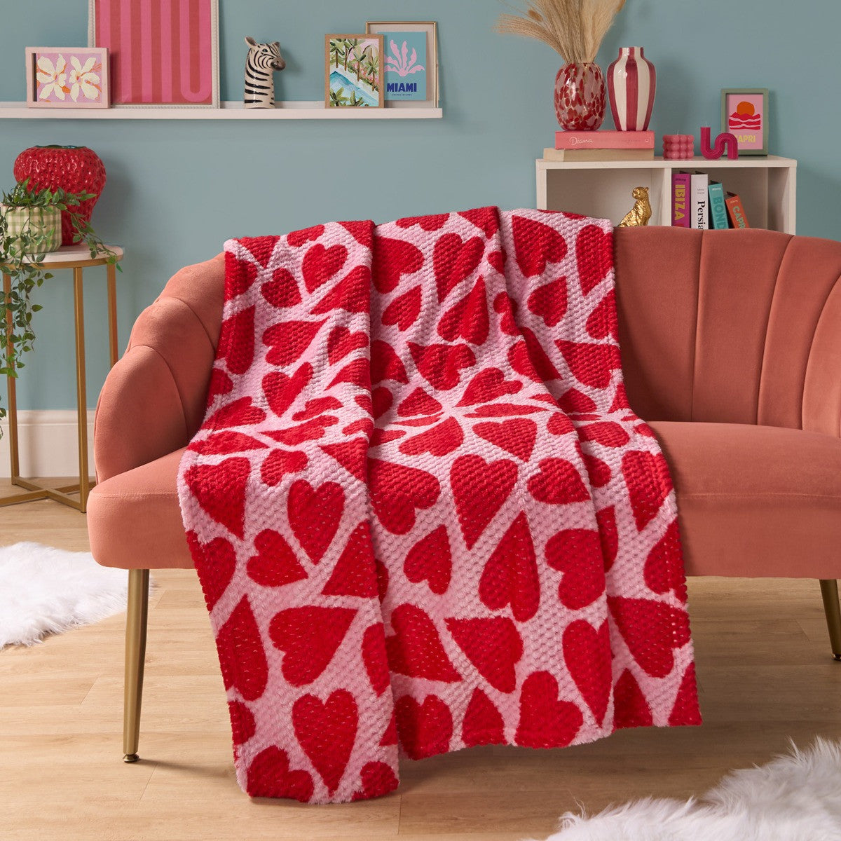 Waffle Fleece Heart Print Throw - Pink/Red