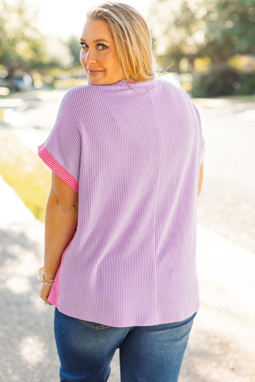 Rose Red Leopard Colourblock Patchwork Ribbed Knit Plus Size T Shirt