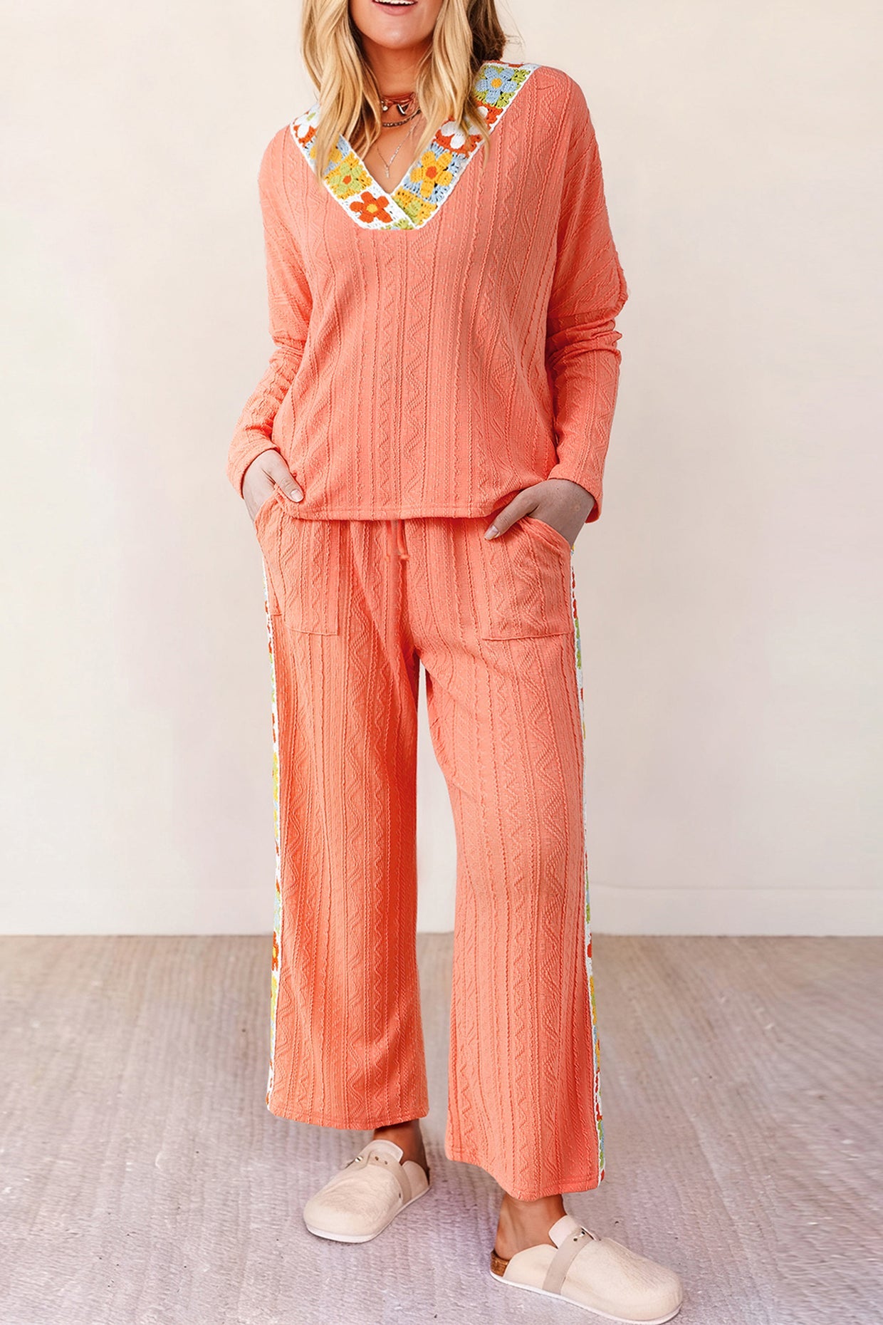Orange Crochet Floral Accent V-Neck Textured Trouser Set