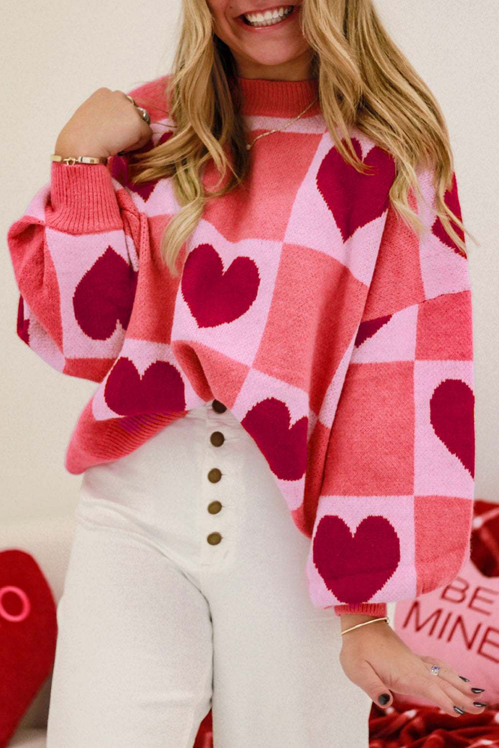 Pink Plus Size Love Heart Mock Neck Lantern Sleeve Valentine Sweater