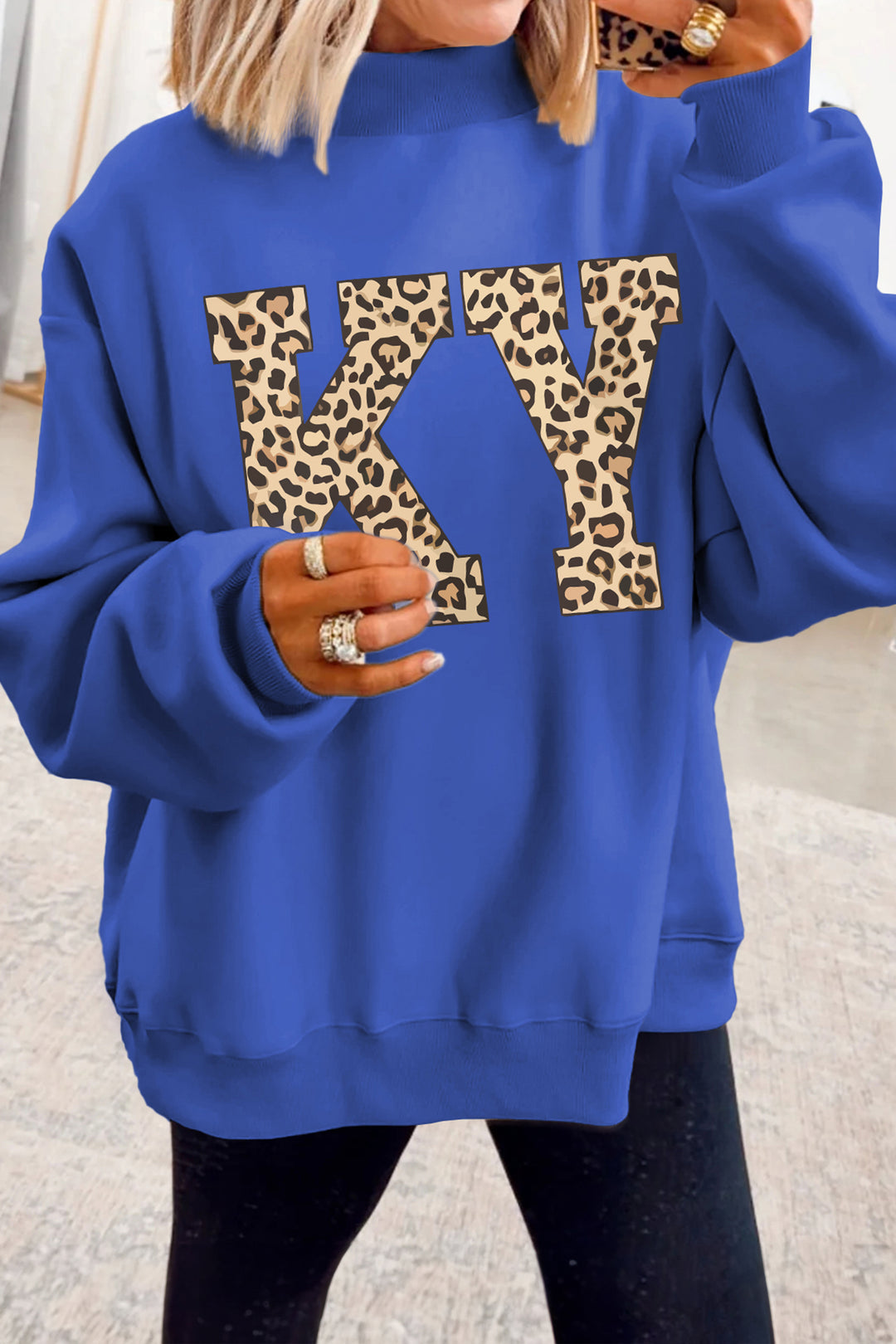 DARK BLUE KENTUCKY LEOPARD KY LETTER PRINT REVERSIBLE HIGH NECK SWEATSHIRT