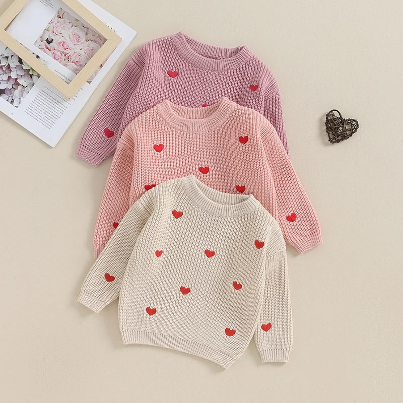 BABY GIRL KNIT SWEATER LOVE HEART EMBROIDERY SWEATSHIRT PULLOVER