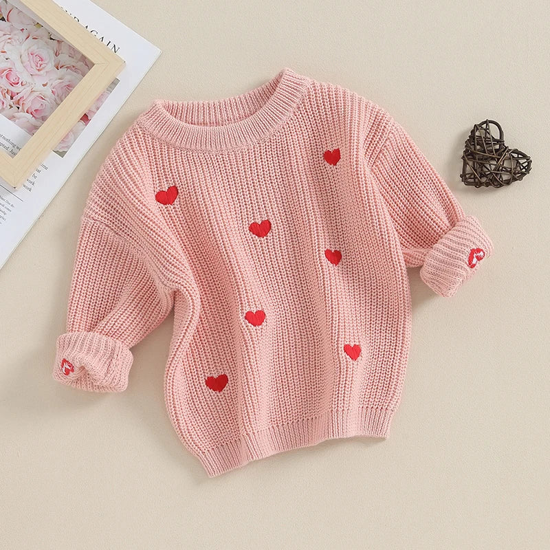 BABY GIRL KNIT SWEATER LOVE HEART EMBROIDERY SWEATSHIRT PULLOVER
