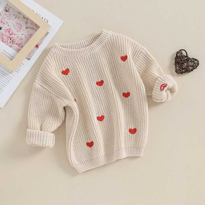 BABY GIRL KNIT SWEATER LOVE HEART EMBROIDERY SWEATSHIRT PULLOVER