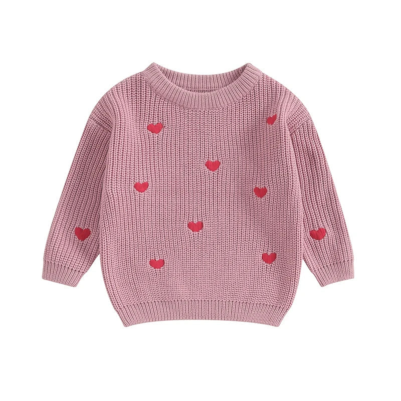 BABY GIRL KNIT SWEATER LOVE HEART EMBROIDERY SWEATSHIRT PULLOVER