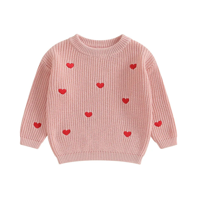 BABY GIRL KNIT SWEATER LOVE HEART EMBROIDERY SWEATSHIRT PULLOVER