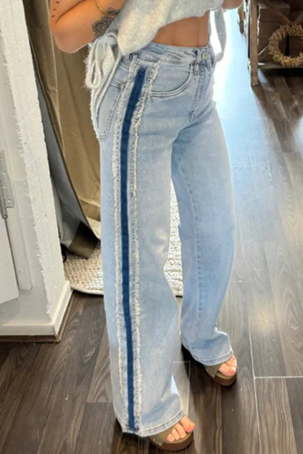 Beau Blue Contrast Stripe Frayed Side Panel Patchwork Shift Jeans