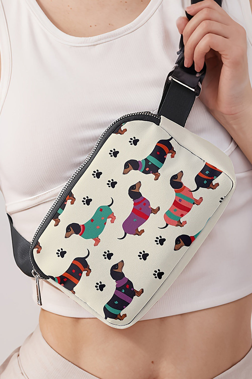 Dachshund Walking Footprint PU Crossbody Bag