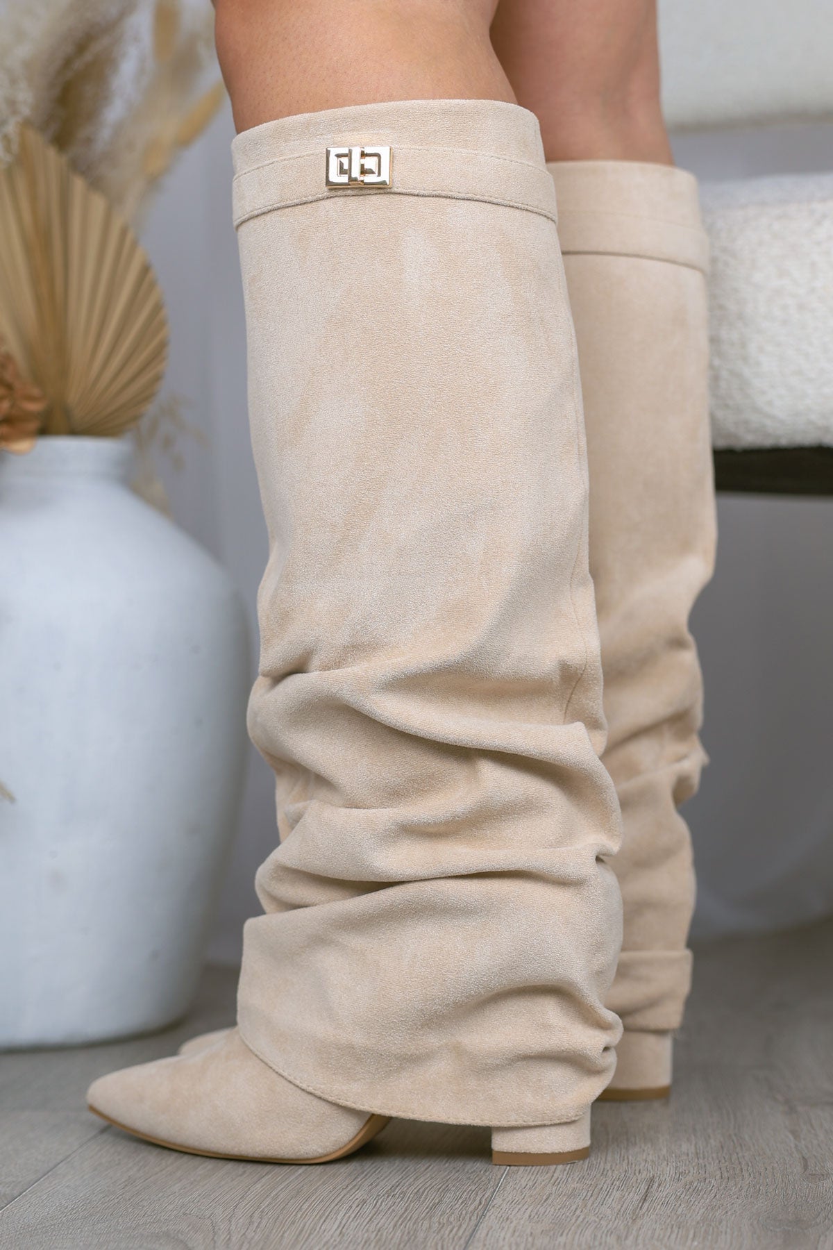 BEIGE FAUX SUEDE SLOUCHY FOLD OVER SHARK BOOTS