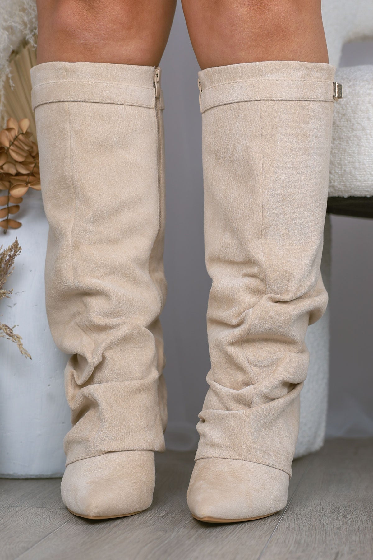 BEIGE FAUX SUEDE SLOUCHY FOLD OVER SHARK BOOTS