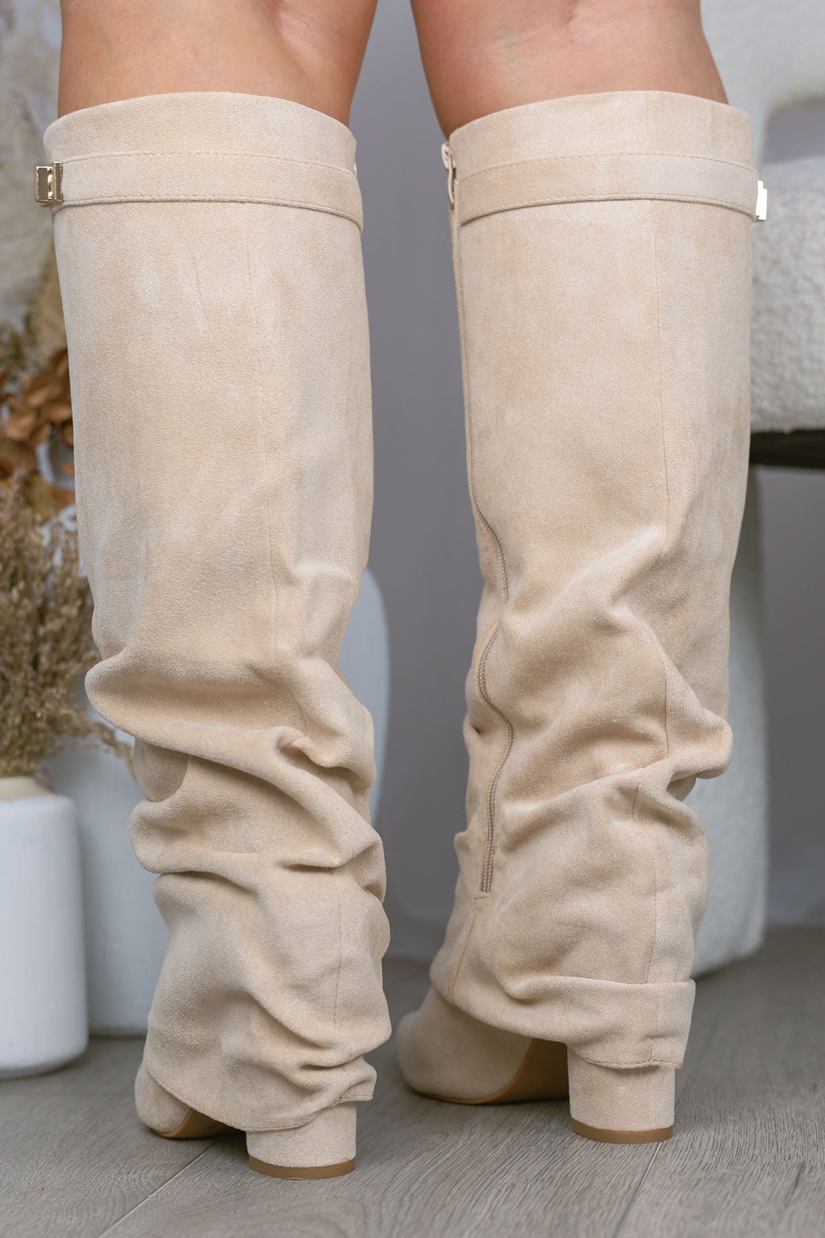 BEIGE FAUX SUEDE SLOUCHY FOLD OVER SHARK BOOTS