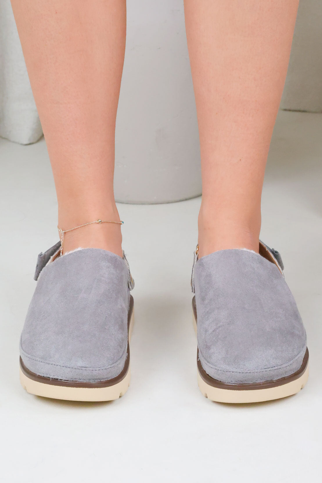 GREY COZY FAUX FUR LINED MULE WITH VELCRO STRAP