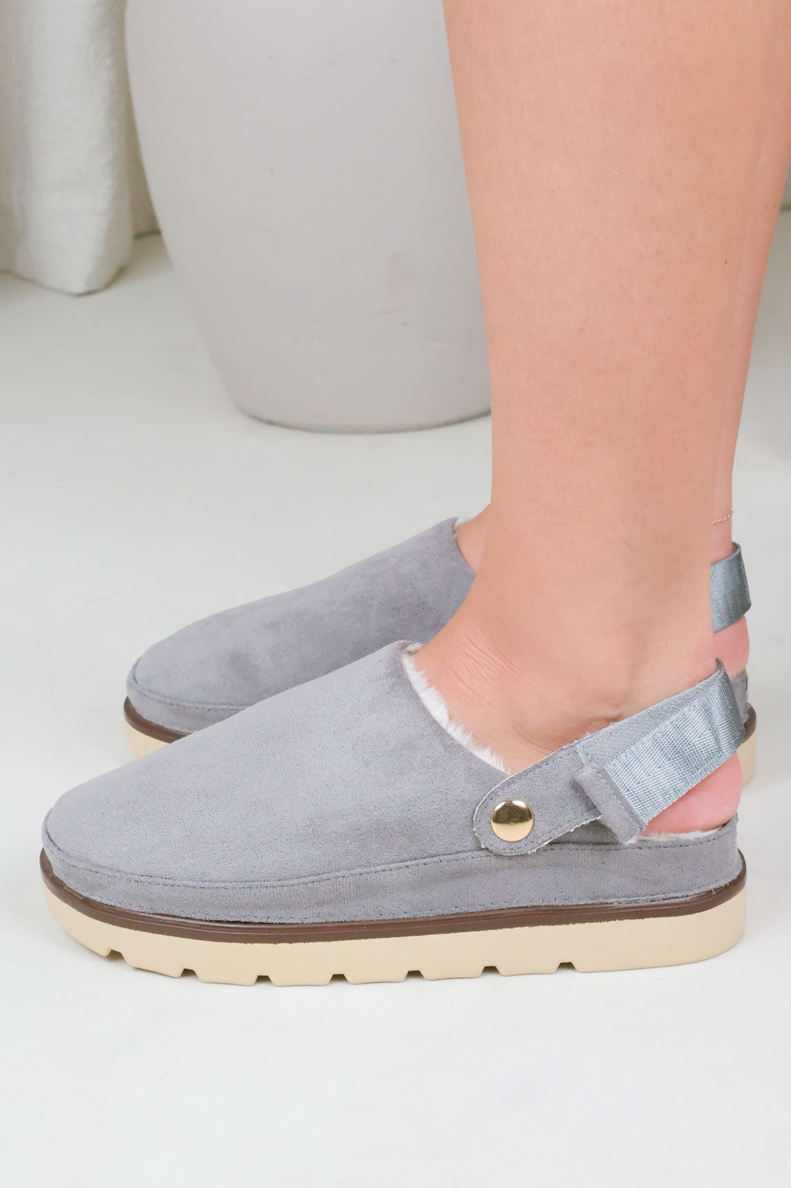 GREY COZY FAUX FUR LINED MULE WITH VELCRO STRAP