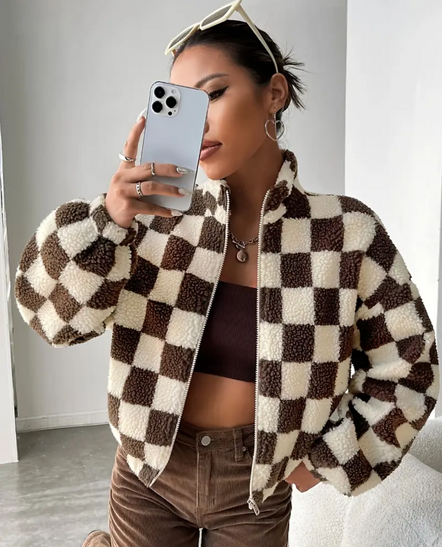 Checkerboard Fleece Coffee Jacket