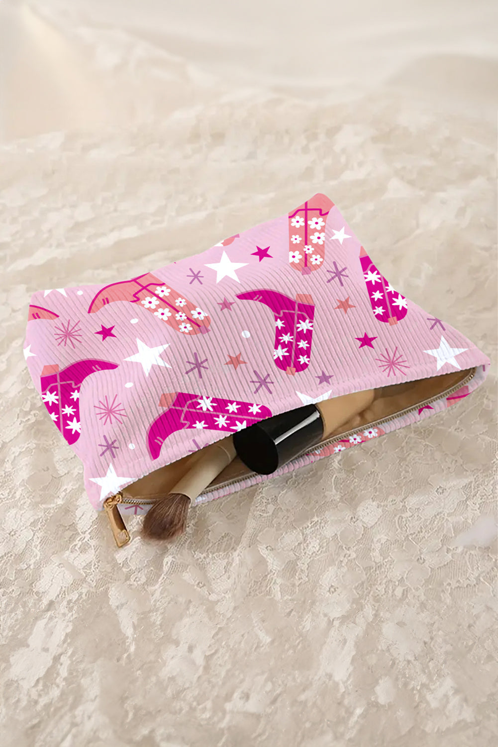 Pink Western Cowboy Boots Print Corduroy Makeup Bag