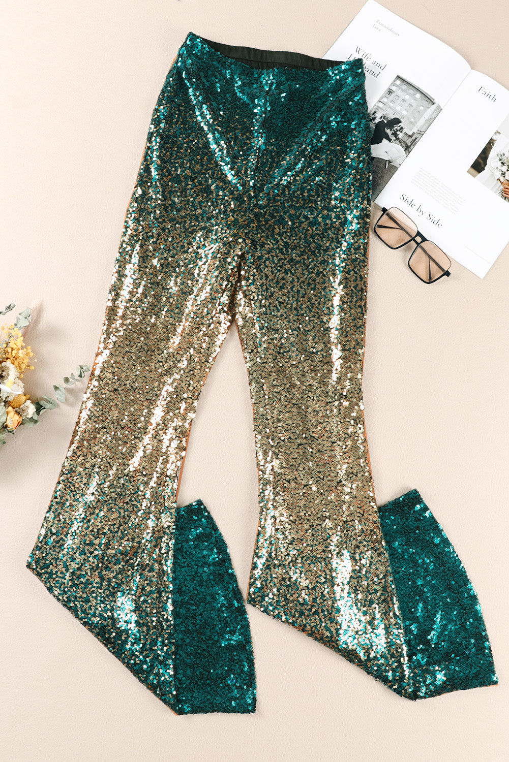 Green Black & Gold Gradient Sequinned Flared Trousers