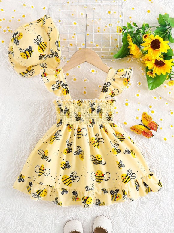 2pc Girls Cartoon Bee Print Dress Set With Matching Hat