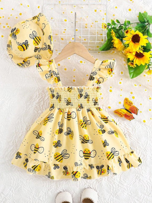 2pc Girls Cartoon Bee Print Dress Set With Matching Hat