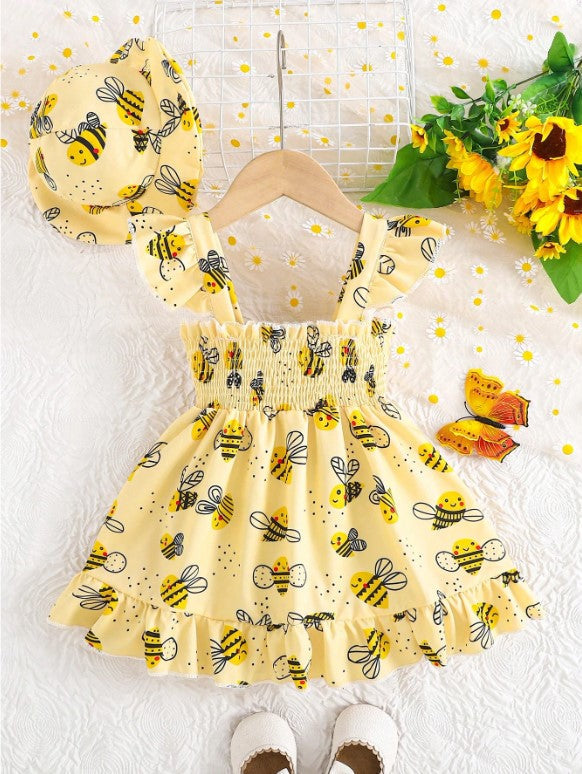 2pc Girls Cartoon Bee Print Dress Set With Matching Hat