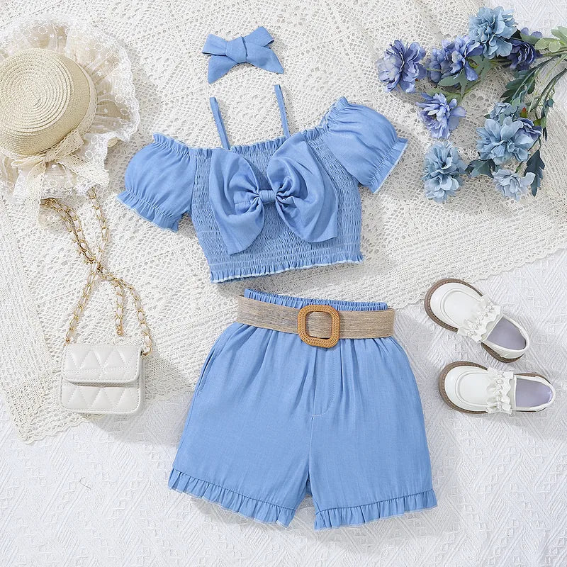 Girls 3pc Blue Shorts Set with Matching Headband
