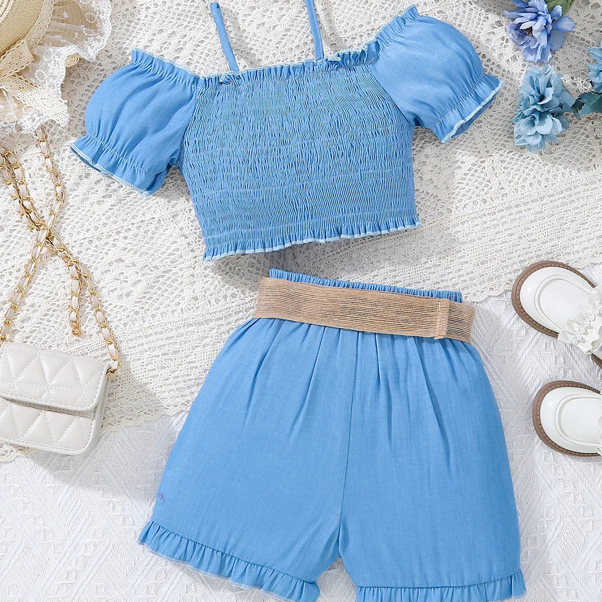 Girls 3pc Blue Shorts Set with Matching Headband