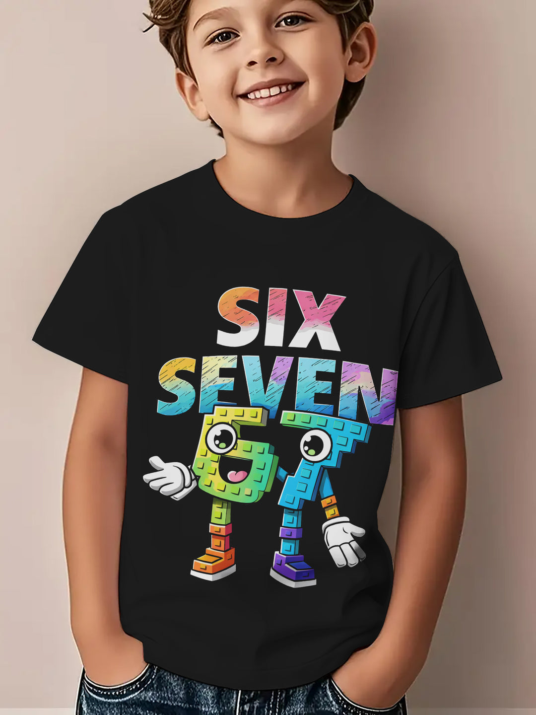 Colorful Block Number 67 Letter Pattern Print T-Shirt 5-13yr