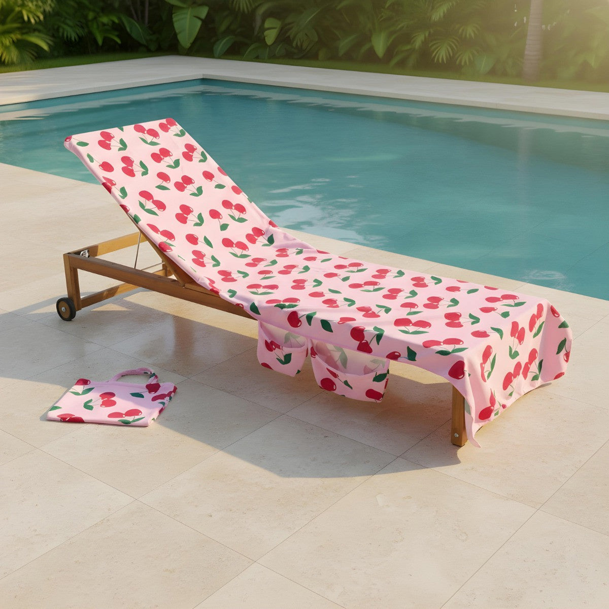 Cherry Print Beach Towel in a Bag - Pink