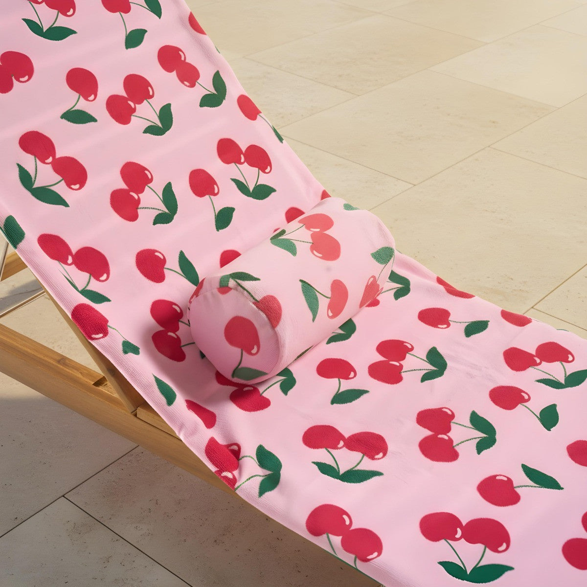 Cherry Print Inflatable Beach Bolster Pillow - Pink