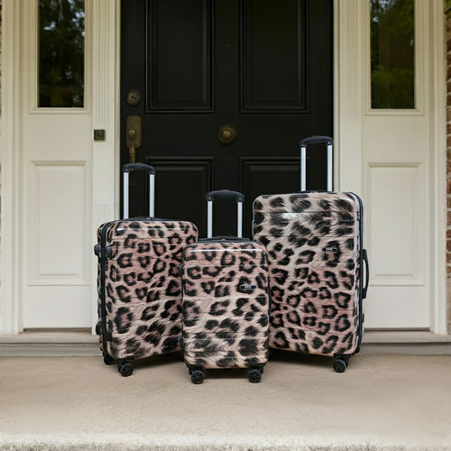 4 Wheel Leopard Print Hard Shell Suitcase, Natural - 3 Pack