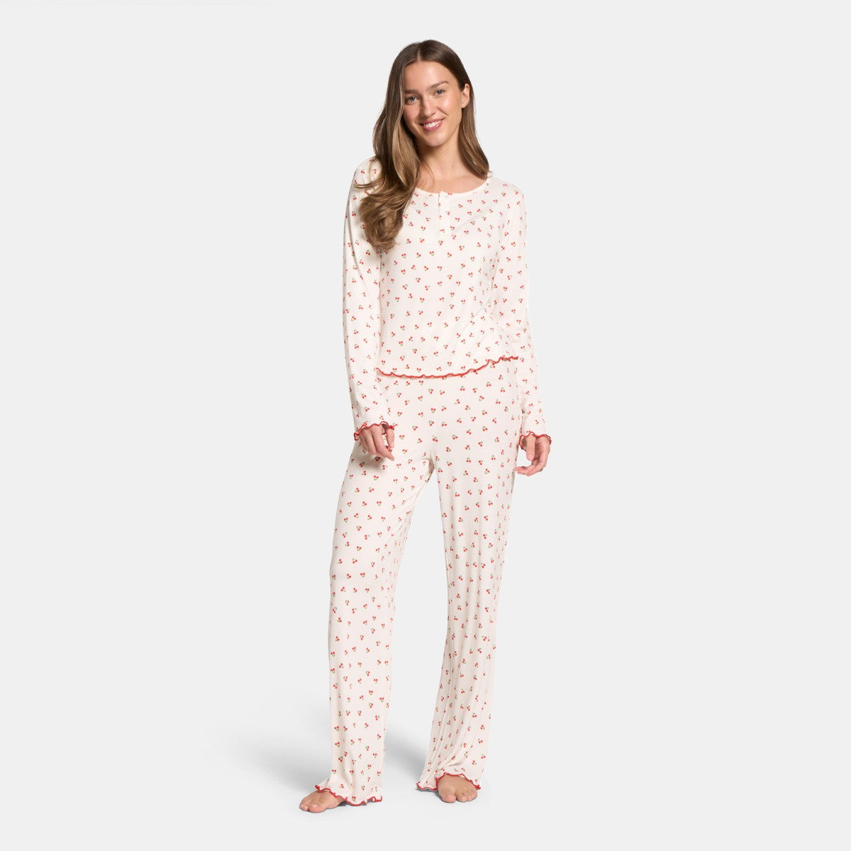 Bow Print Lettuce Edge Pyjama Set
