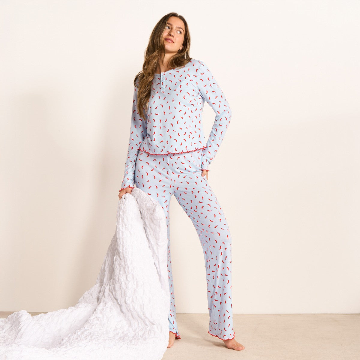 Bow Print Lettuce Edge Pyjama Set